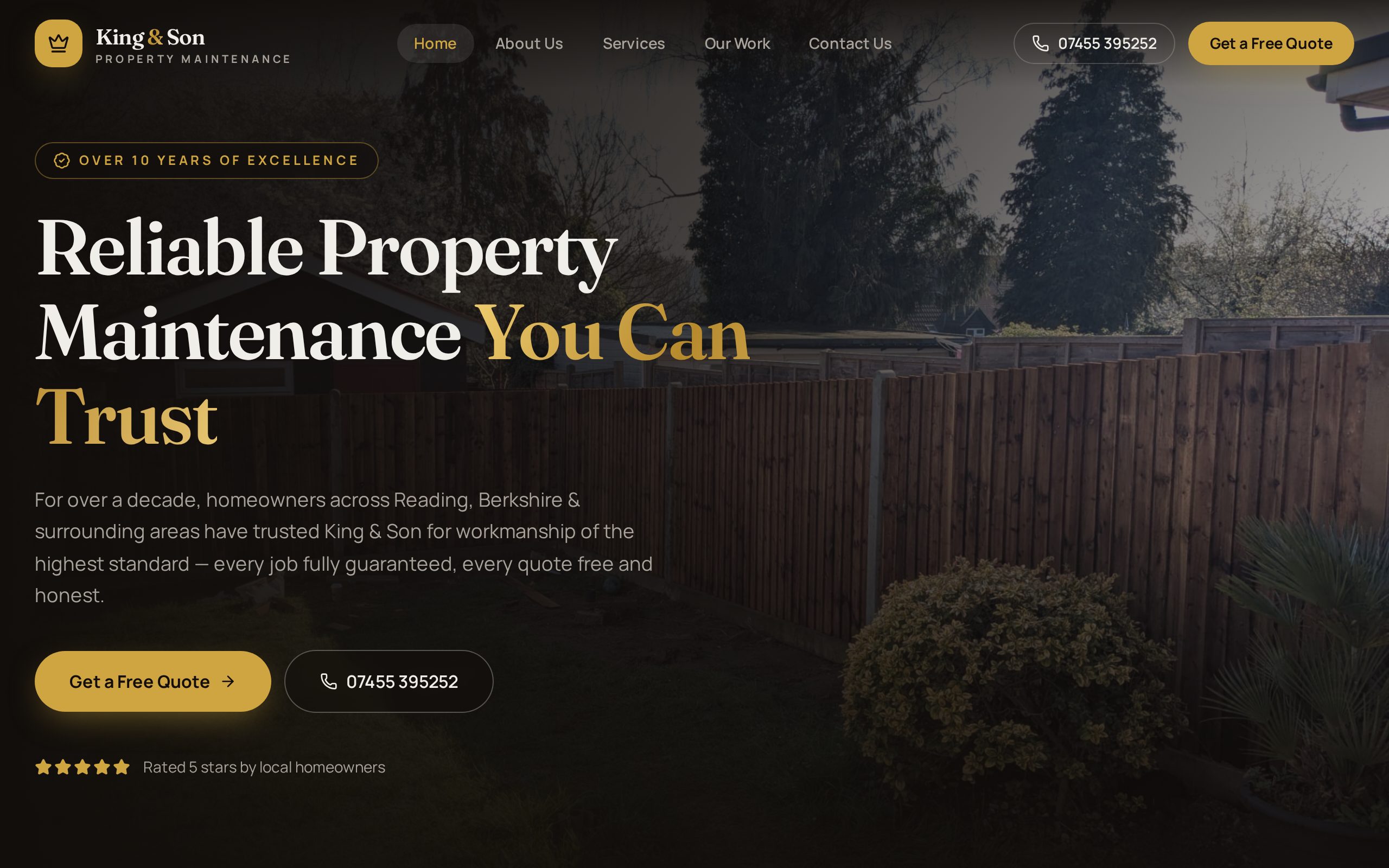 Homepage of the King & Son Property Maintenance website project